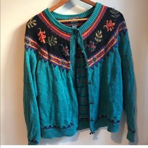 Leaf design on a teal backdrop, bright colors
Wool Cardigan sweater vintage